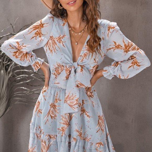 Floral Deep V Flounce Sleeve Mini Dress - Picture 4 of 10